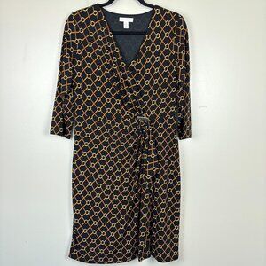 Charter Club Faux Wrap Midi Dress Womens Petite Large Black Gold Geometric Chain